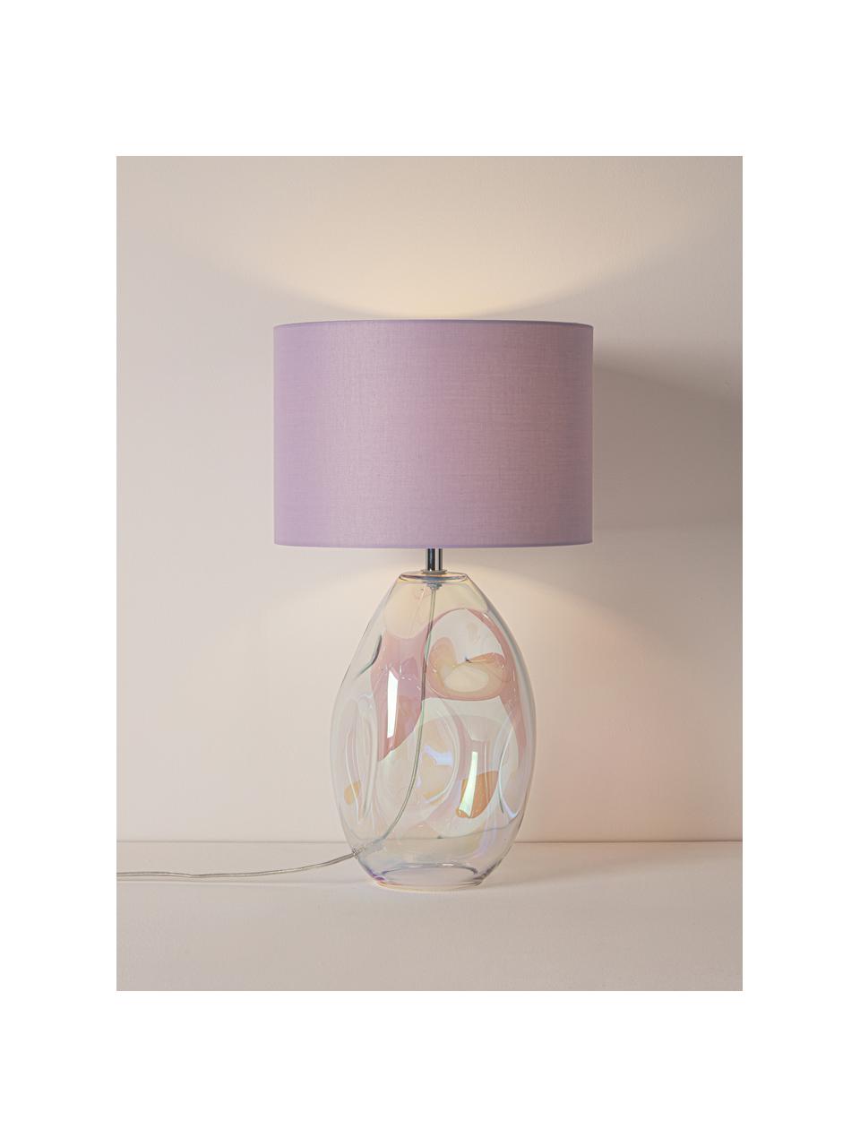 Lampada da tavolo grande con base in vetro iridescente Leia, Paralume: tessuto, Base della lampada: vetro, Lilla, trasparente, iridescente, Ø 30 x Alt. 53 cm