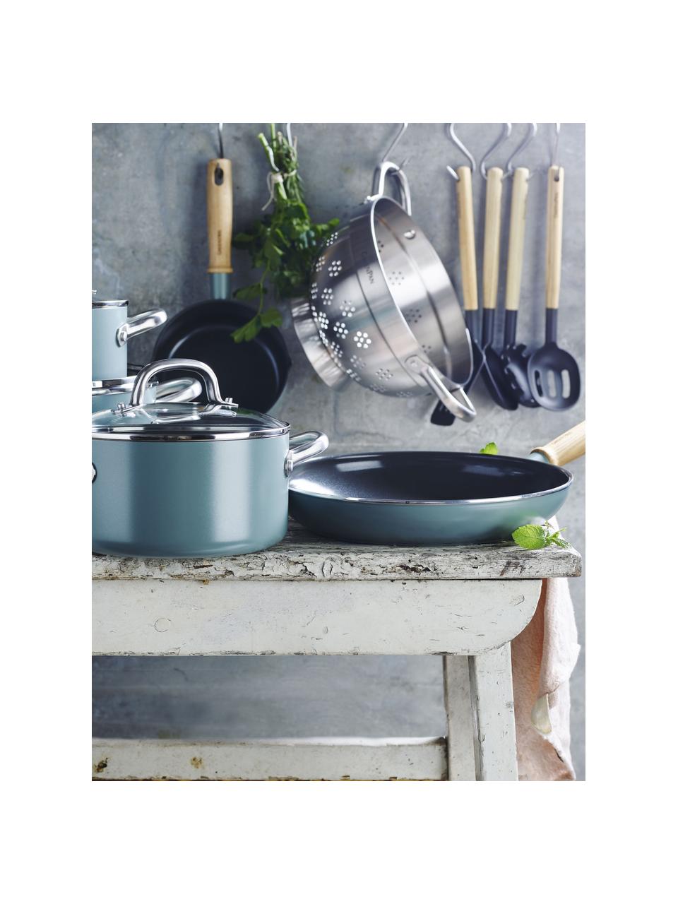 Set da cucina in ceramica con rivestimento antiaderente Mayflower 10 pz, Azzurro, legno di frassino, Set in varie misure