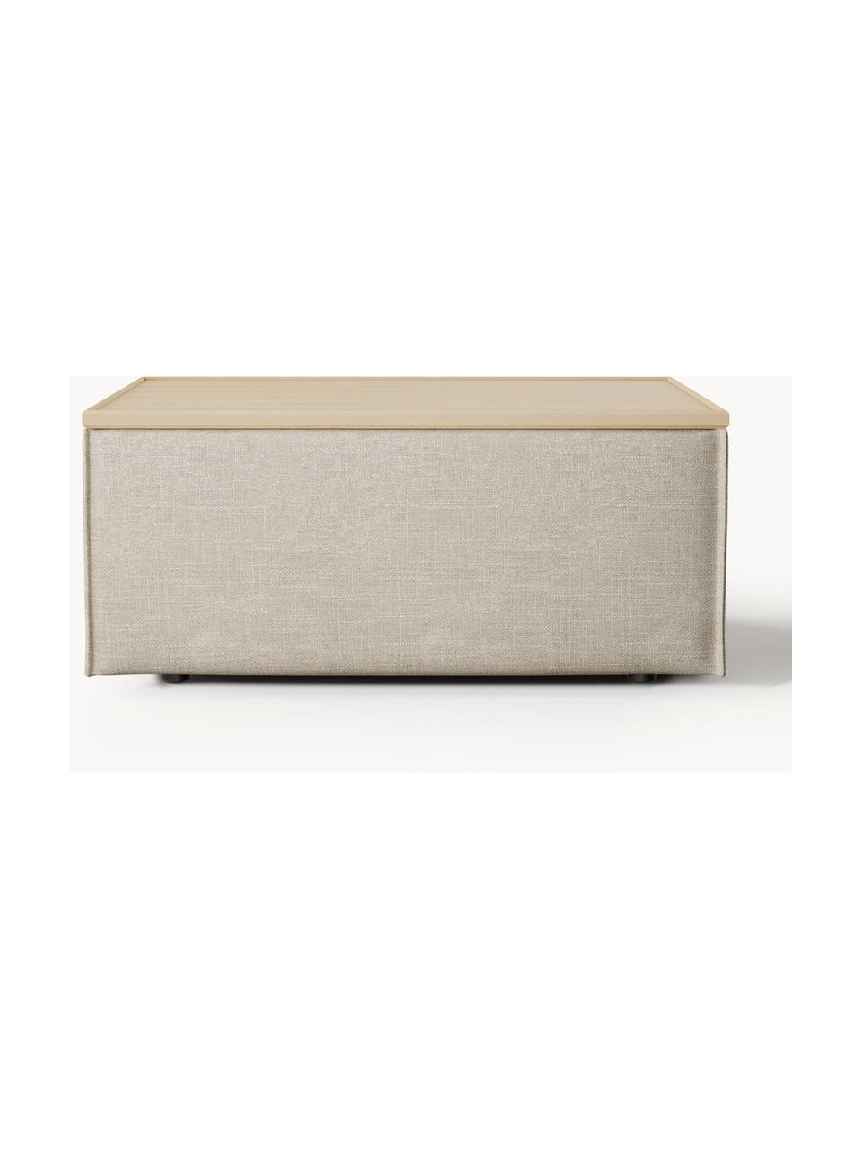 Sofa-Hocker Lennon aus Leinen-Mix mit Stauraum, Bezug: 50 % Viskose, 25 % Leinen, Tablett: Eichenholz, Spannplatte m, Gestell: Spanplatte, mitteldichte , Leinen-Mix Grau, helles Eichenholz, B 88 x T 50 cm