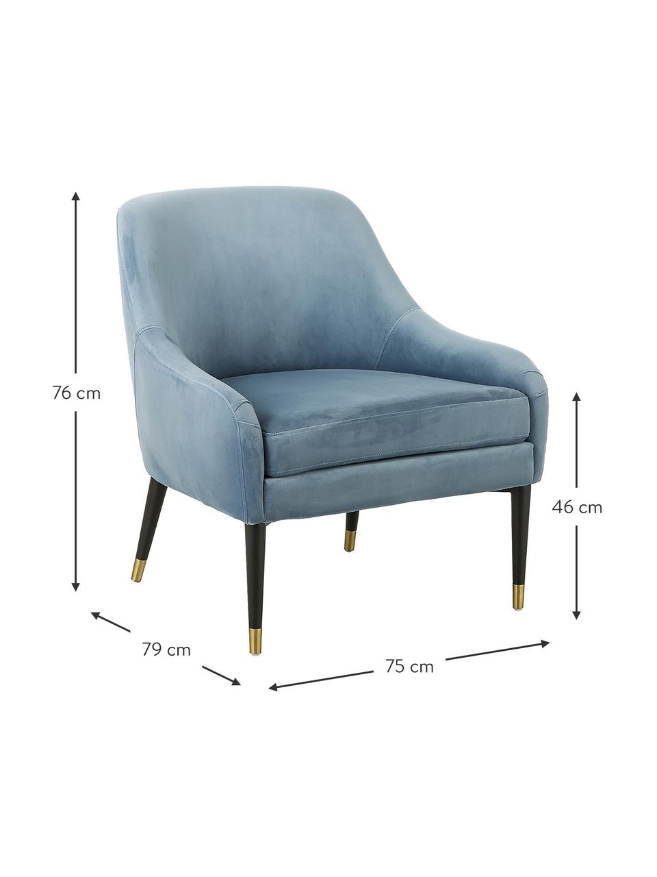 Fluwelen fauteuil Eugenia in blauw, Bekleding: fluweel (polyester), Poten: gepoedercoat metaal, Fluweel lichtblauw, B 75 x D 79 cm