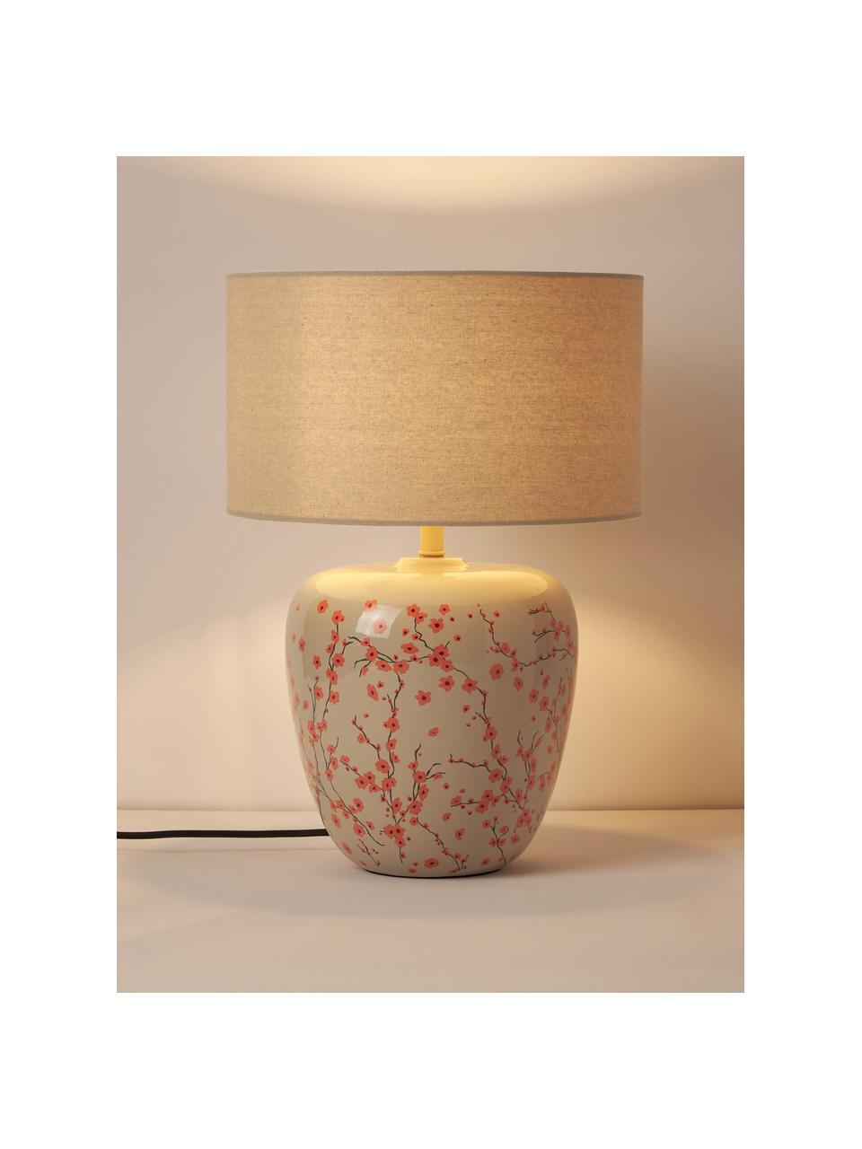 Grosse Keramik-Tischlampe Eileen, Lampenschirm: 100 % Polyester, Beige, glänzend, Ø 33 x H 48 cm