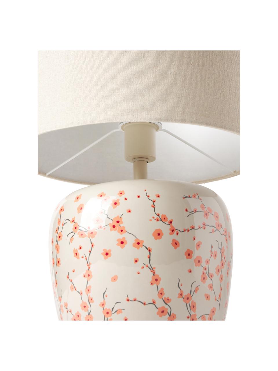 Grote keramische tafellamp Eileen, Lampenkap: 100% polyester, Lampvoet: keramiek, Beige, glanzend, Ø 33 x H 48 cm