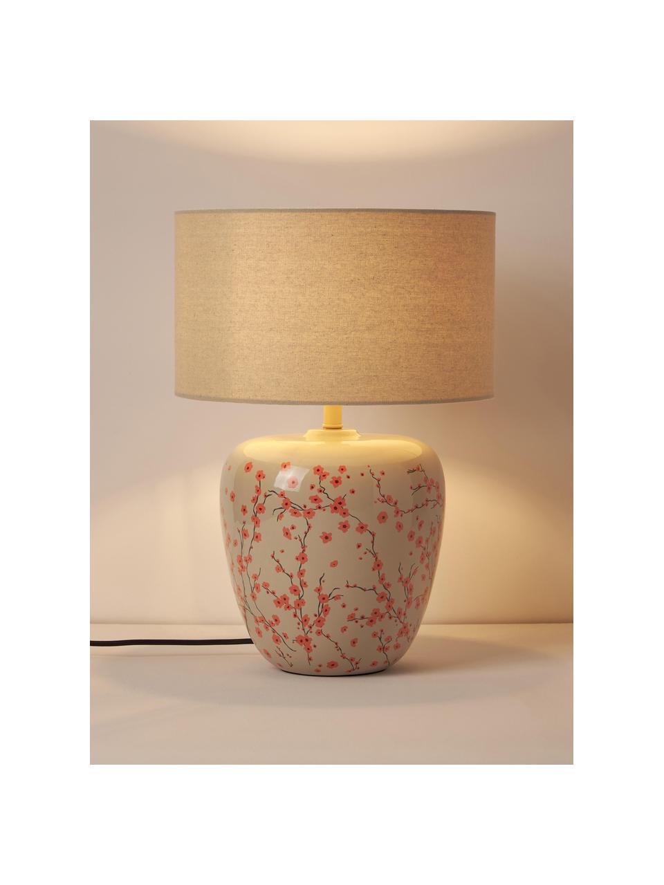 Grosse Keramik-Tischlampe Eileen, Lampenschirm: 100 % Polyester, Beige, Rosa, glänzend, Ø 33 x H 48 cm