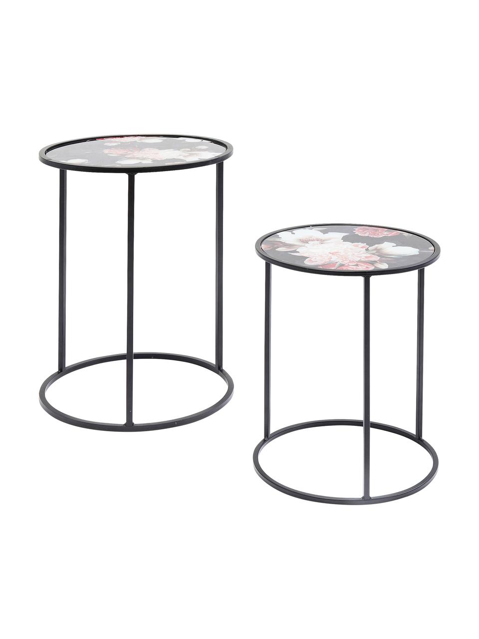 Set de mesas auxiliares Peony, 2 pzas., Tablero: vidrio laminado de seguri, Estructura: acero con pintura en polv, Negro, Set de diferentes tamaños