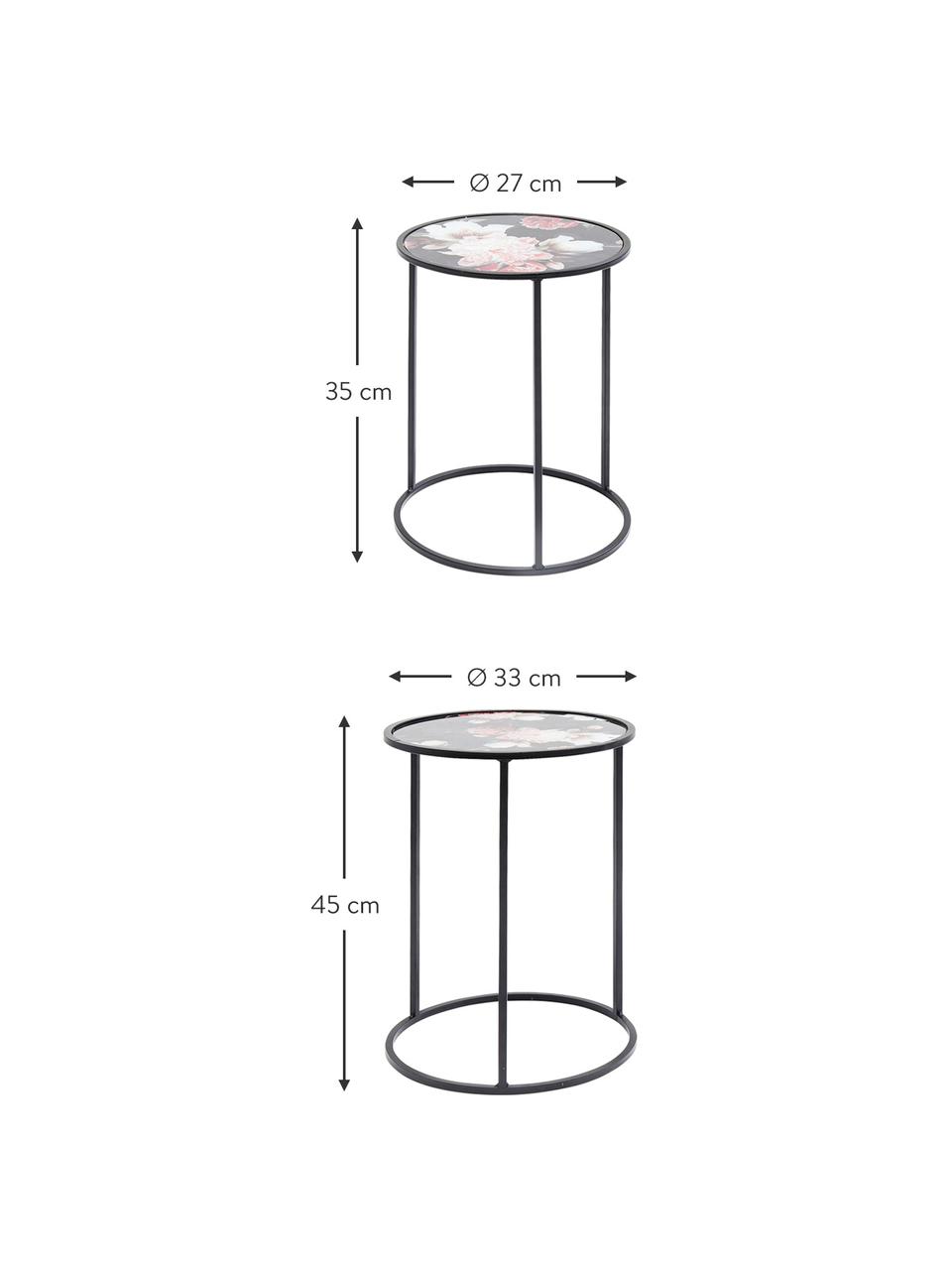 Beistelltisch-Set Peony mit Blumenmuster, 2-tlg., Tischplatte: Sicherheitsglas (ESG), ge, Gestell: Stahl, pulverbeschichtet, Schwarz, Sondergrößen