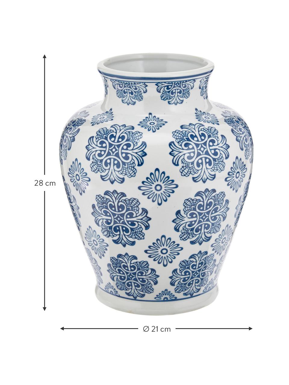 Decoratieve vaas Lin uit porselein, Porselein, niet waterdicht, Wit, blauw, Ø 21 x H 28 cm