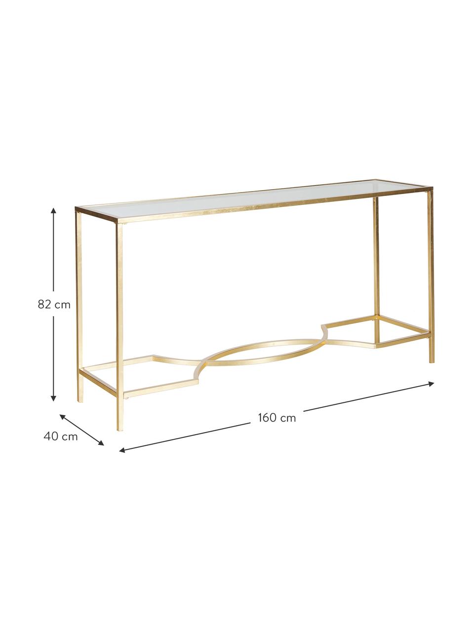 Consola Sia, tablero de cristal, Estructura: hierro, pintado, Tablero: vidrio, Dorado, transparente, An 160 x F 40 cm