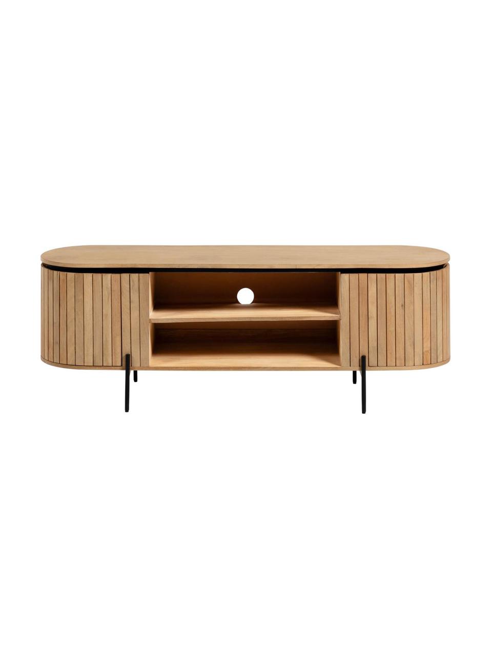 Tv-meubel Licia van massief mangohout met deuren, Poten: gelakt metaal, Mangohout, zwart, B 160 cm x H 56 cm