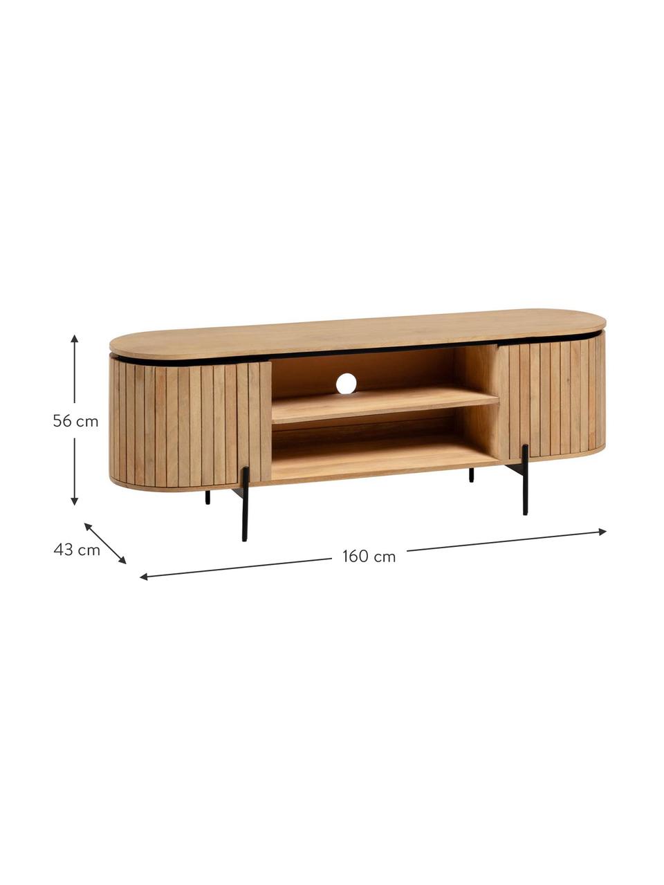 Tv-meubel Licia van massief mangohout met deuren, Poten: gelakt metaal, Mangohout, zwart, B 160 cm x H 56 cm