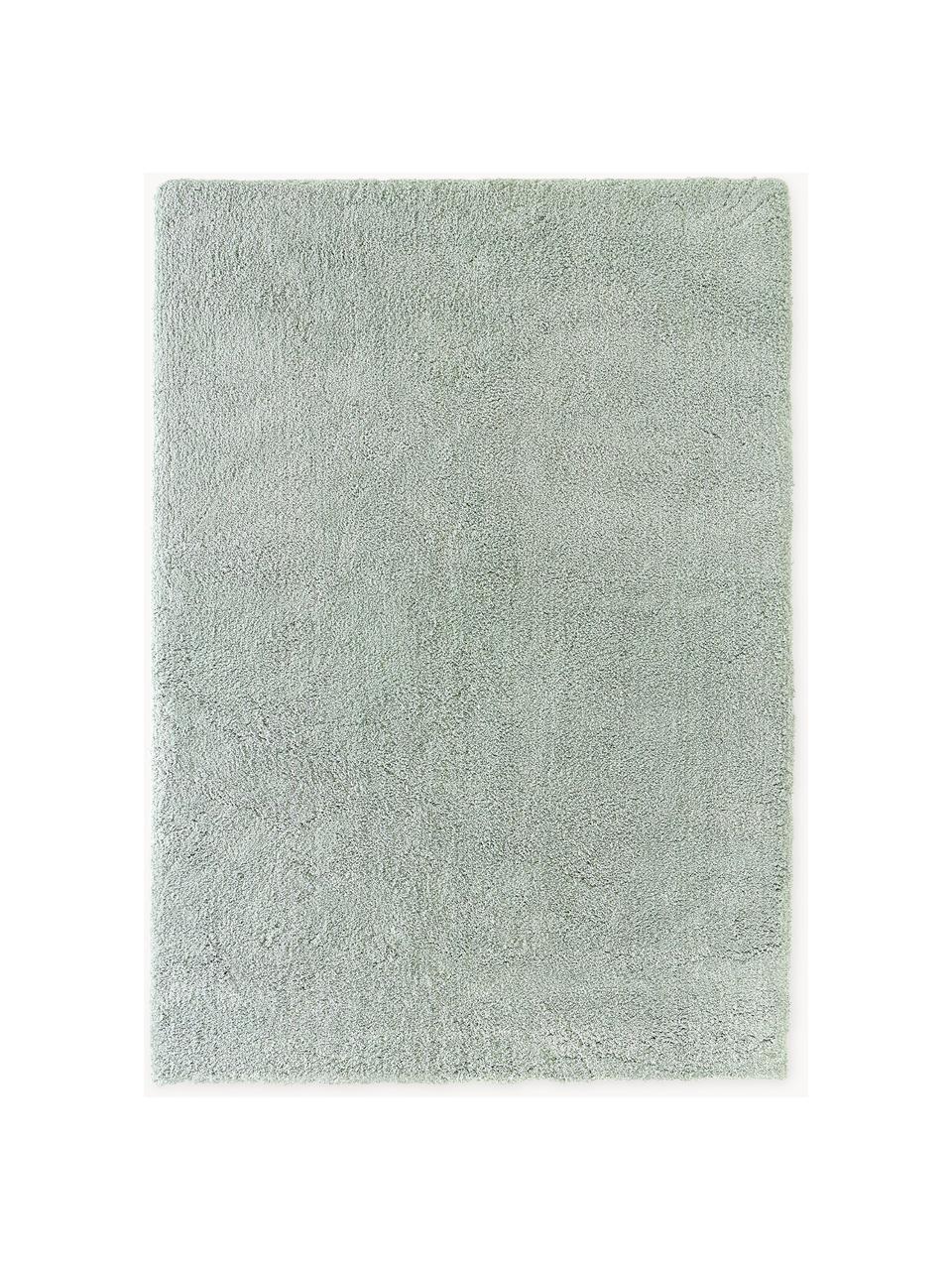 Pluizig hoogpolig vloerkleed Leighton, Onderzijde: 70% polyester, 30% katoen, Saliegroen, B 80 x L 150 cm (maat XS)