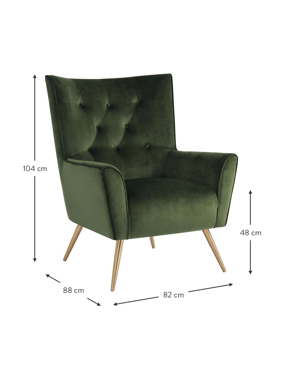 FluwelenFauteuil Bodiva in groen, Bekleding: polyester (fluweel), Poten: gelakt metaal, Woudgroen, messingkleurig, B 82 x D 88 cm