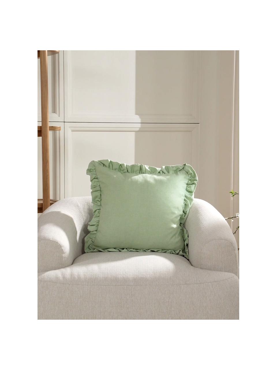 Kussenhoes Camille in groen met franjes, 60% polyester, 25% katoen, 15% linnen, Mintgroen, B 45 x L 45 cm