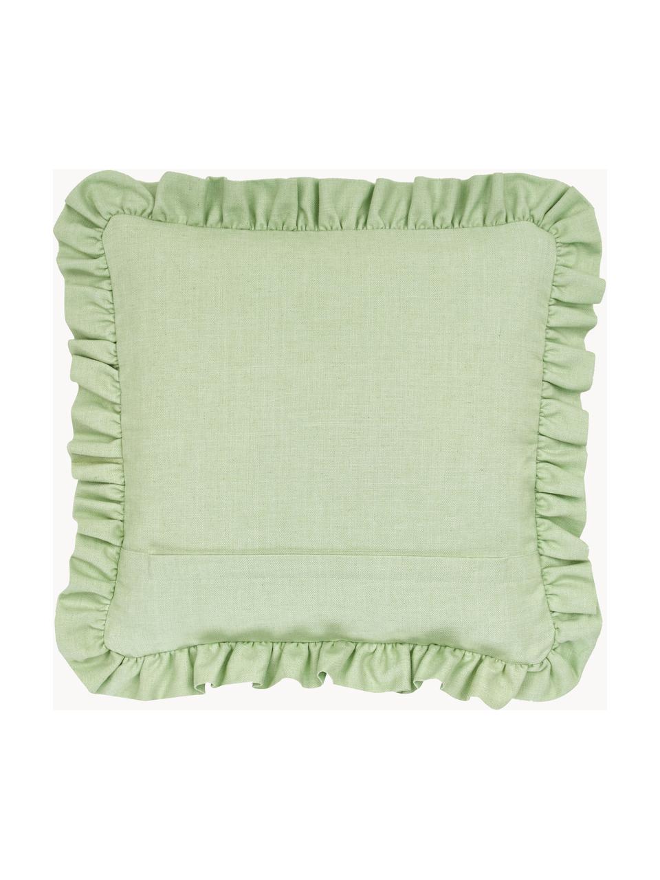 Copricuscino con volant Camille, 60% poliestere, 25% cotone, 15% lino, Verde menta, Larg. 45 x Lung. 45 cm