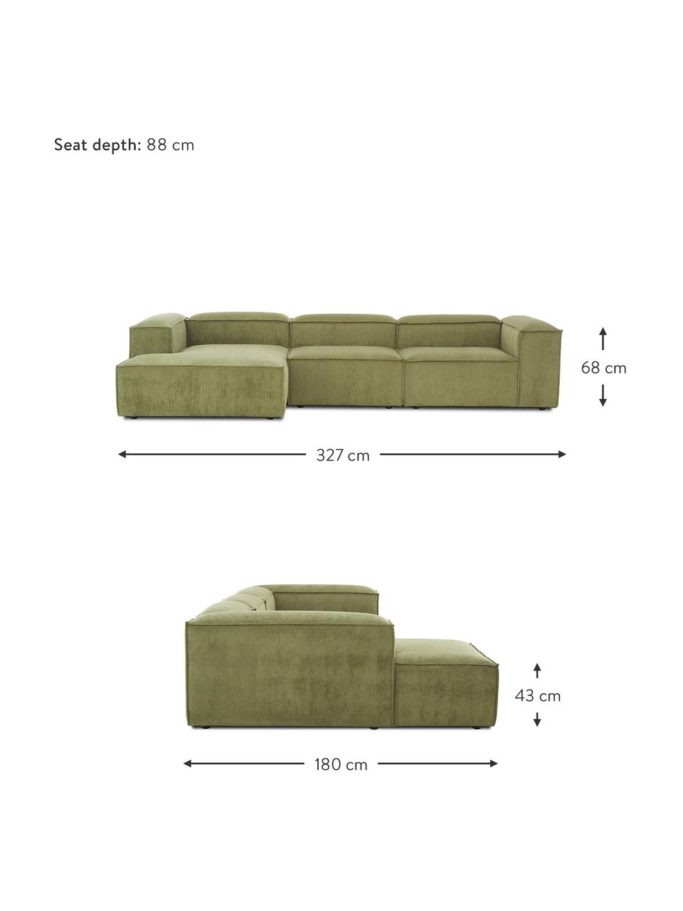 Sofá rinconera modular de pana Lennon, Tapizado: pana (92% poliéster, 8% p, Estructura: madera de pino maciza, ma, Patas: plástico, Pana verde oliva, An 327 x F 180 cm, chaise longue izquierda