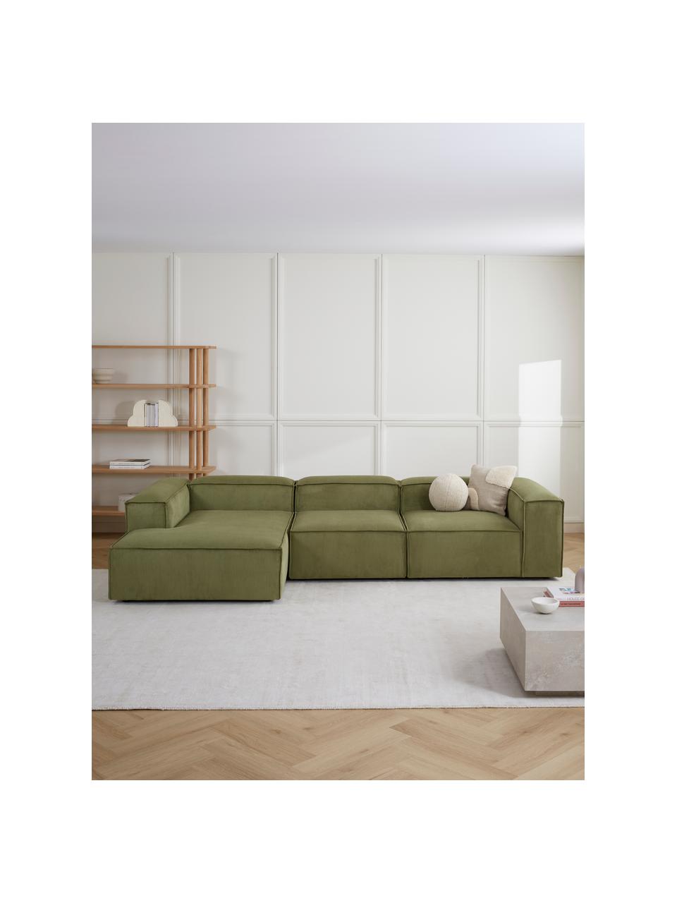 Canapé d'angle modulable velours côtelé Lennon, Velours côtelé vert, larg. 327 x prof. 180 cm, méridienne à gauche
