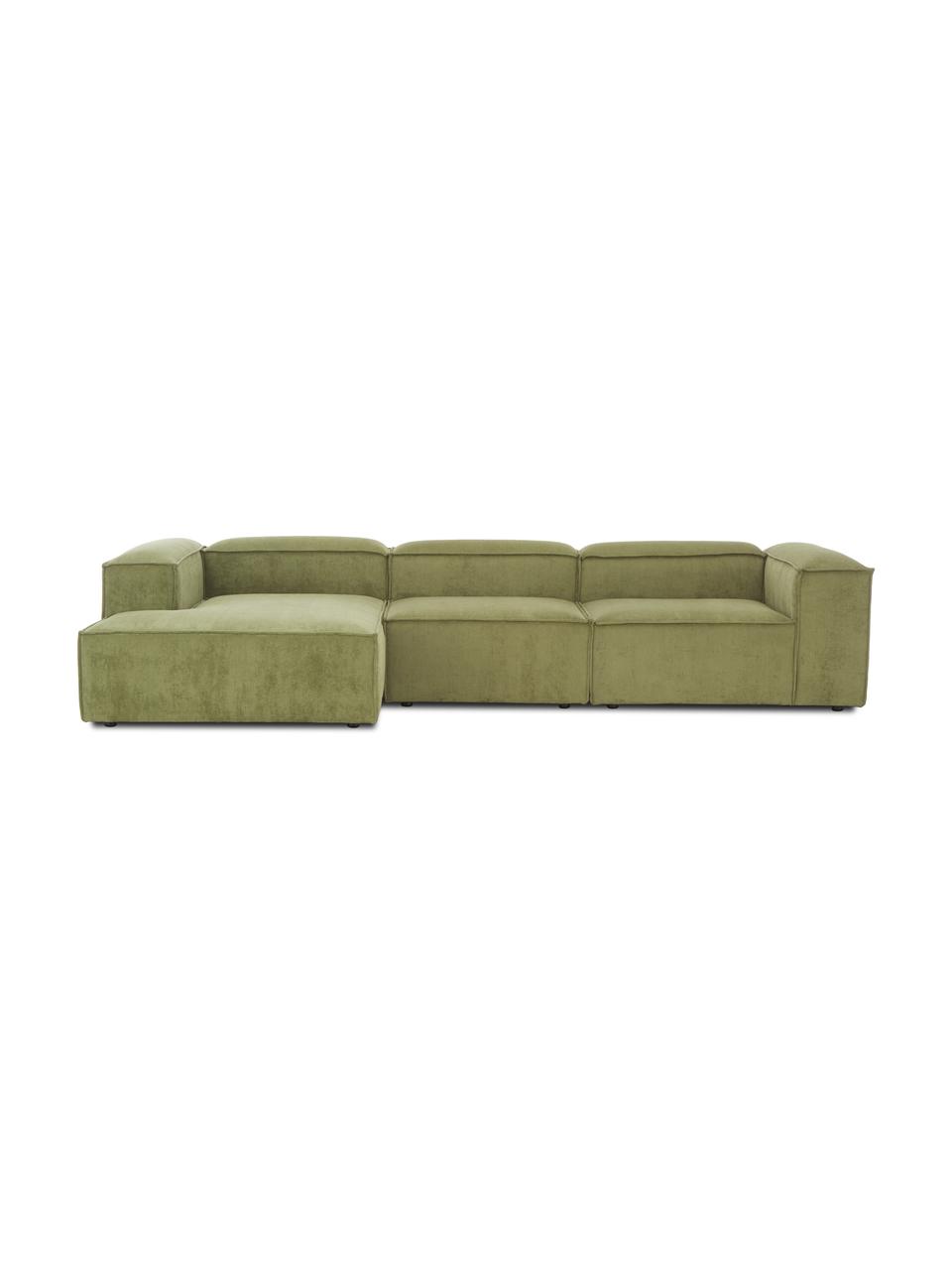 Divano angolare componibile in velluto a coste Lennon, Rivestimento: velluto a coste (92% poli, Struttura: legno di pino massiccio, , Piedini: plastica I piedini si tro, Velluto a coste verde, Larg. 327 x Prof. 180 cm, chaise-longue a sinistra