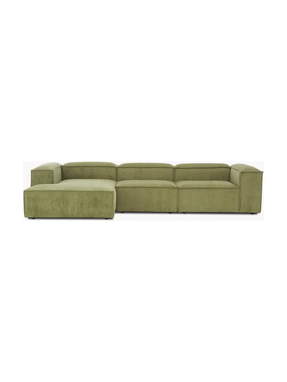 Sofá rinconera modular de pana Lennon, Tapizado: pana (92% poliéster, 8% p, Estructura: madera de pino maciza, ma, Patas: plástico Este producto es, Pana verde oliva, An 327 x F 180 cm, chaise longue izquierda