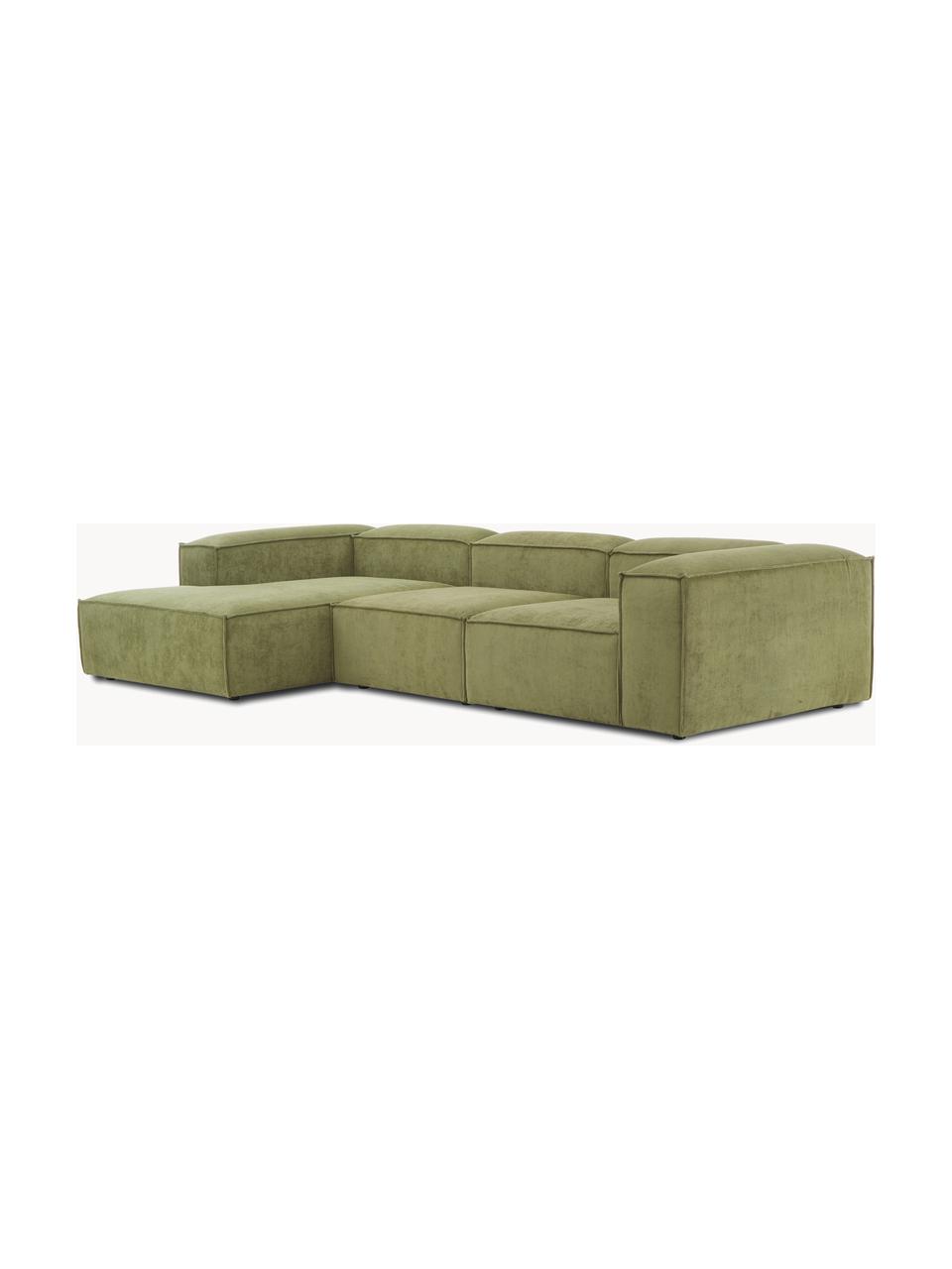 Modulares Ecksofa Lennon aus Cord, Bezug: Cord (92 % Polyester, 8 %, Gestell: Massives Kiefernholz, Spe, Füße: Kunststoff Dieses Produkt, Cord Olivgrün, B 327 x T 180 cm, Eckteil links