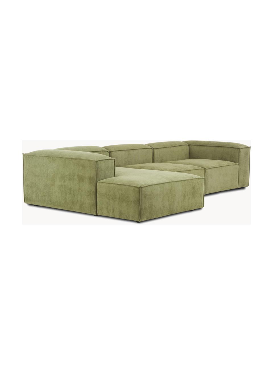 Sofá rinconera modular de pana Lennon, Tapizado: pana (92% poliéster, 8% p, Estructura: madera de pino maciza, ma, Patas: plástico Este producto es, Pana verde oliva, An 327 x F 180 cm, chaise longue izquierda