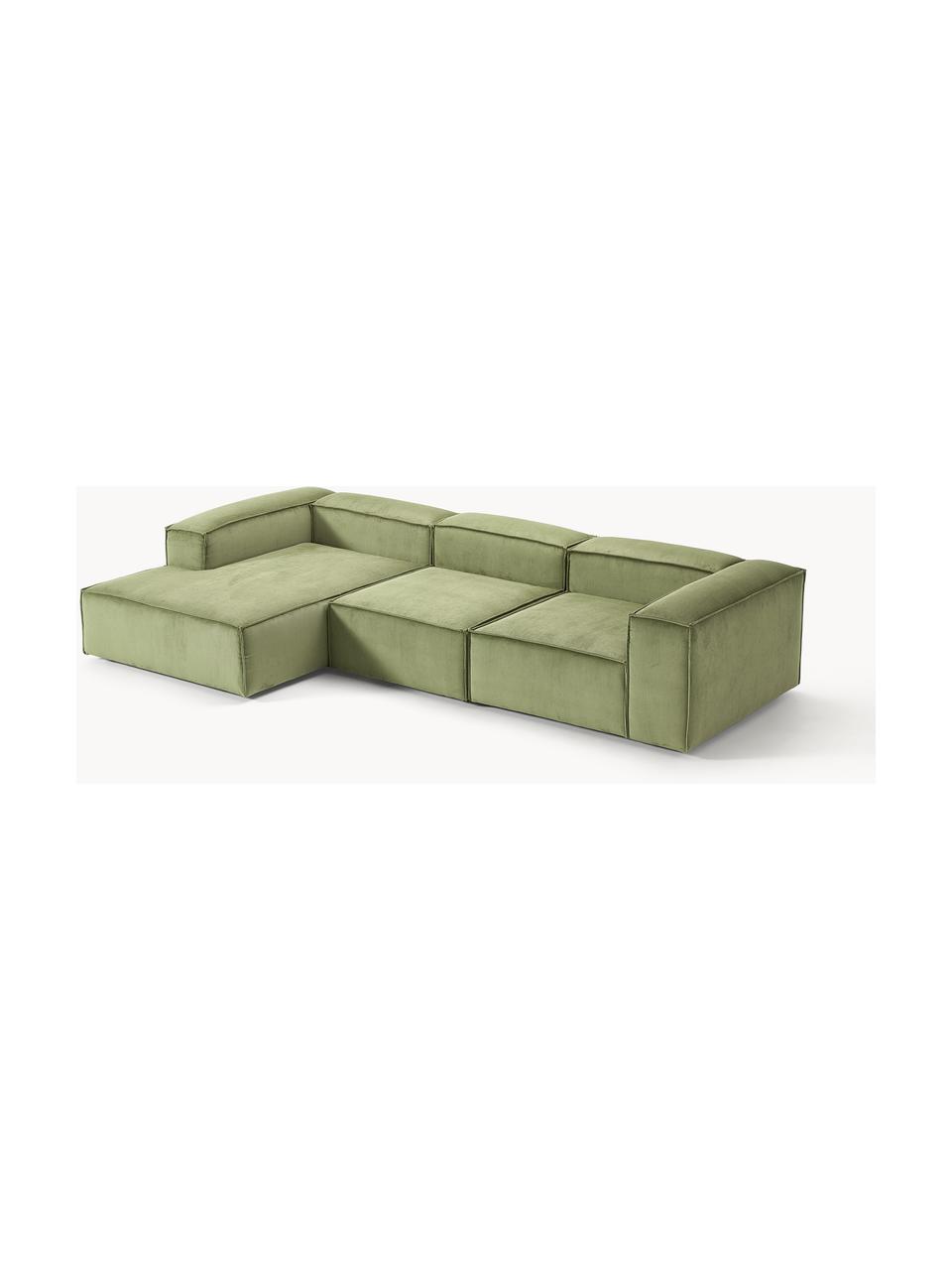 Modulares Ecksofa Lennon aus Cord, Bezug: Cord (92 % Polyester, 8 %, Gestell: Massives Kiefernholz, Spe, Cord Olivgrün, B 327 x T 180 cm, Eckteil links