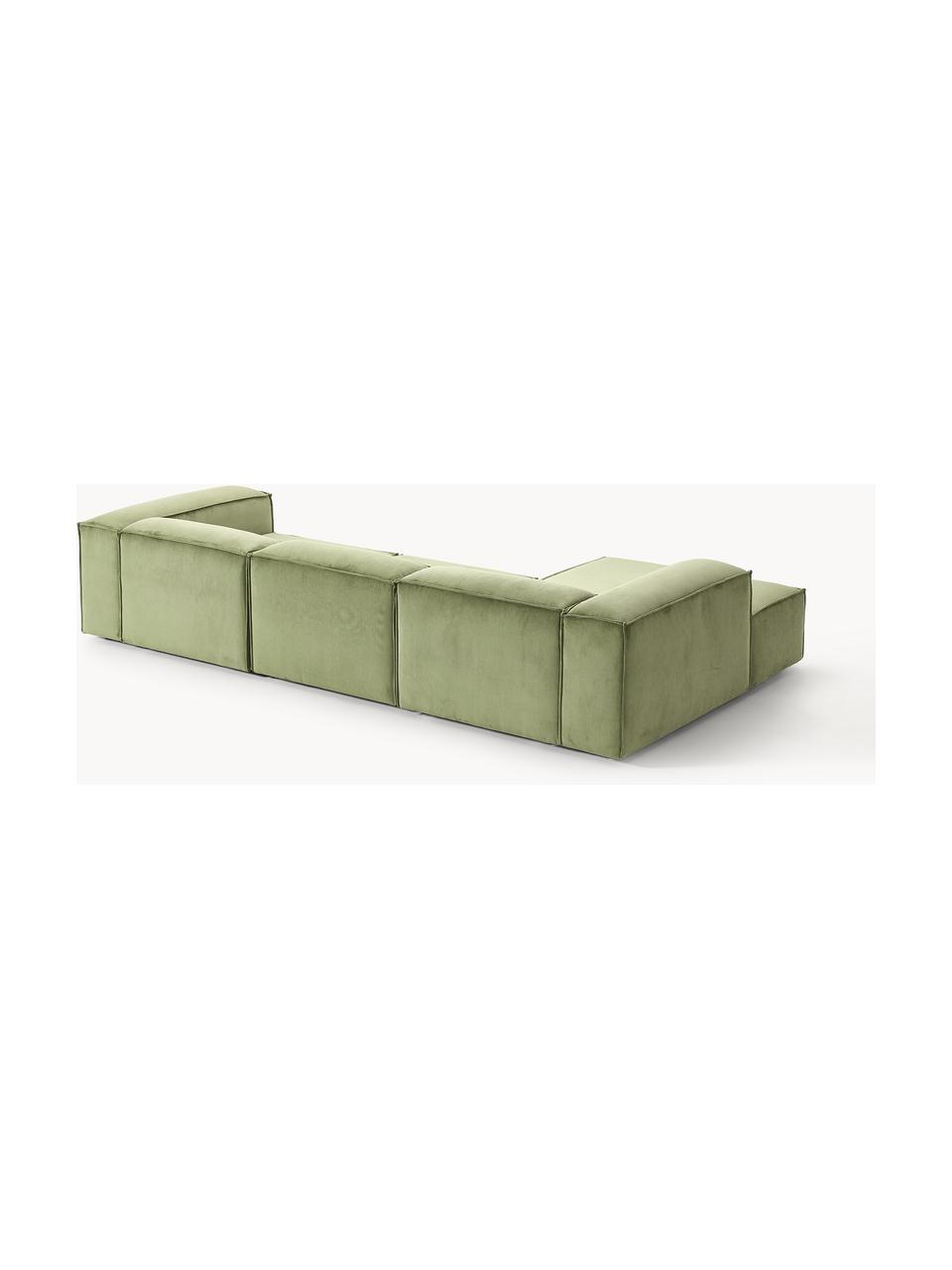 Modulares Ecksofa Lennon aus Cord, Bezug: Cord (92 % Polyester, 8 %, Gestell: Massives Kiefernholz, Spe, Cord Olivgrün, B 327 x T 180 cm, Eckteil links