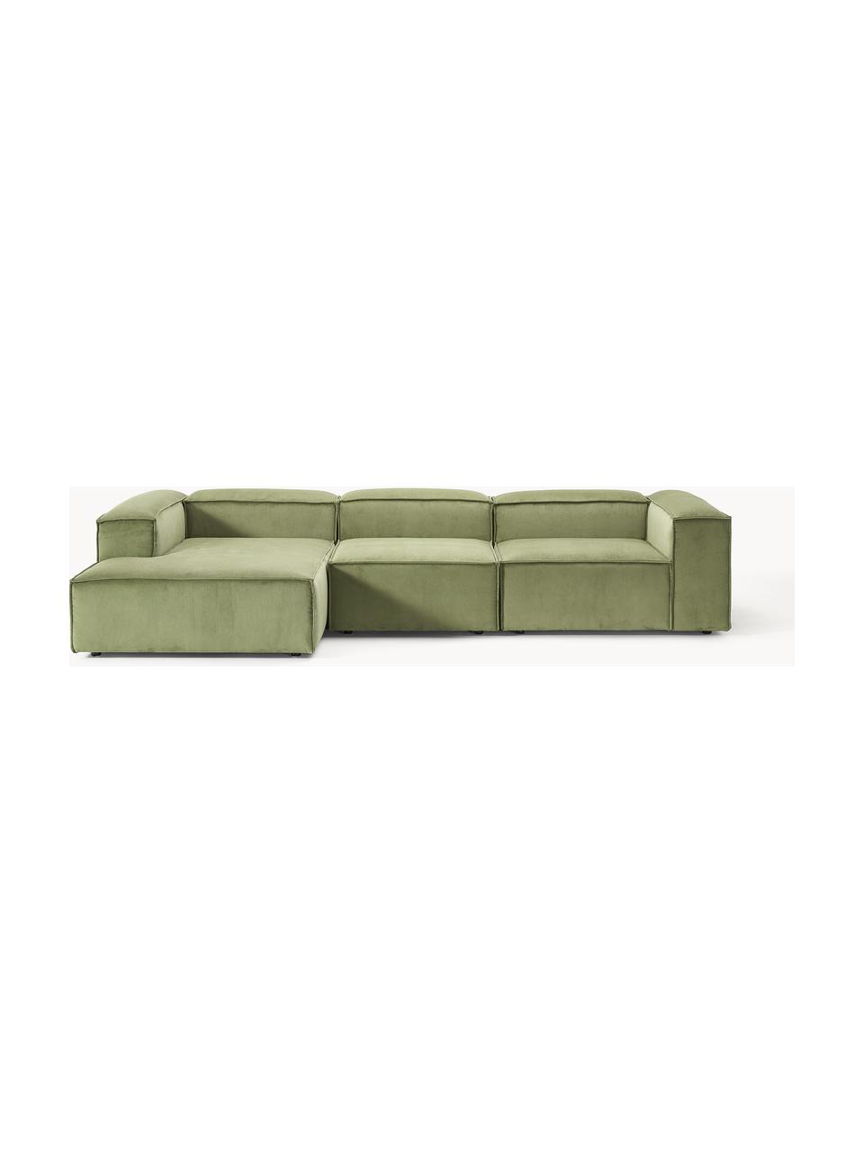 Sofá rinconera modular de pana Lennon, Tapizado: pana (92% poliéster, 8% p, Estructura: madera de pino maciza, ma, Patas: plástico Este producto es, Pana verde oliva, An 327 x F 180 cm, chaise longue izquierda