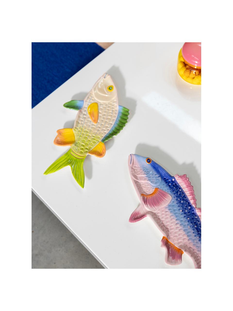 Handbeschilderde serveerplateau Fish van dolomiet, Dolomiet, Roze, blauw, B 38 x D 18 cm