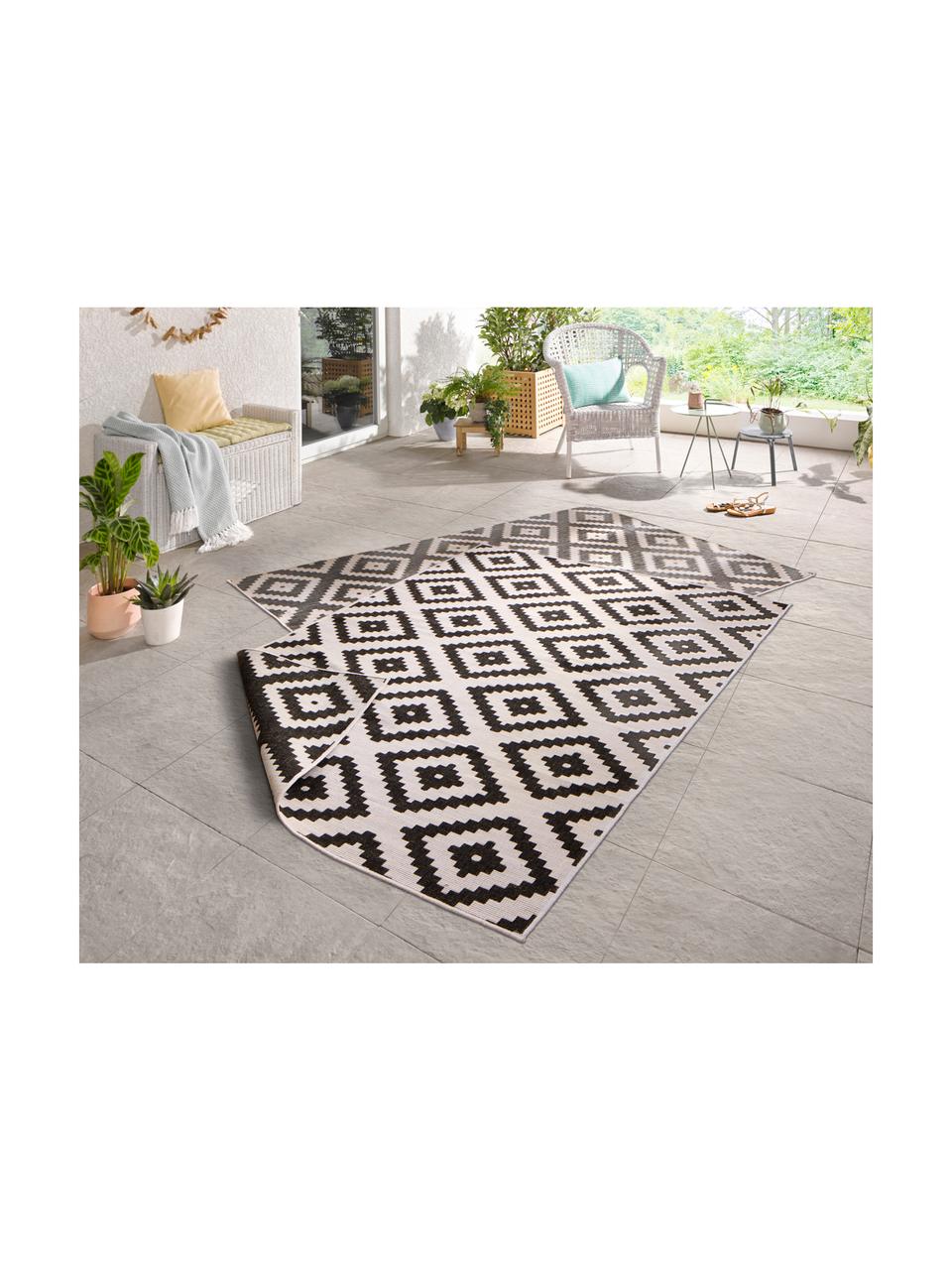 In- & outdoor dubbelzijdig vloerkleed Malta, Zwart, crèmekleurig, L 150 x B 80 cm