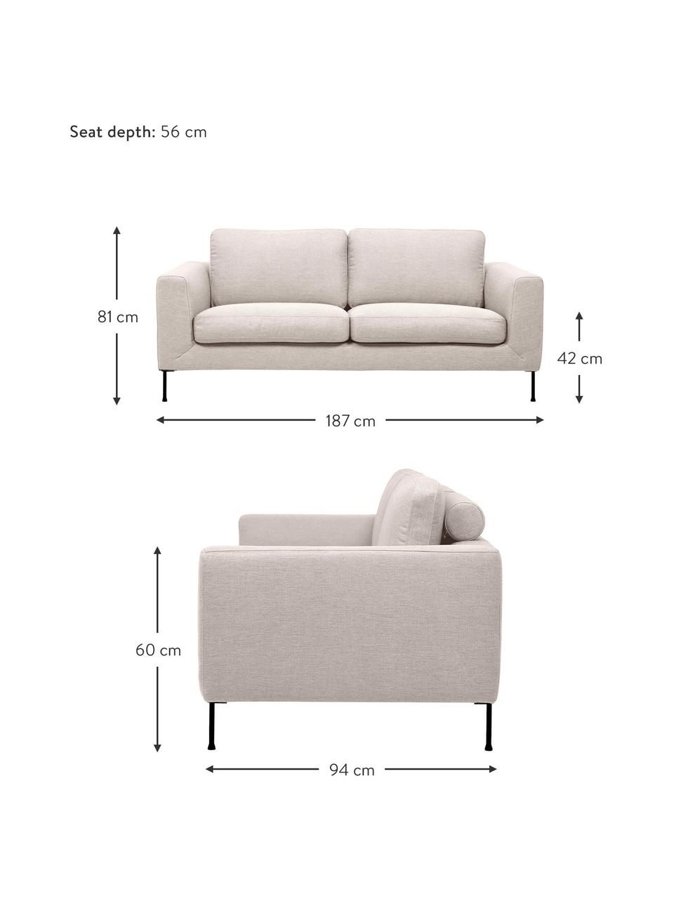 Divano 2 posti con piedini in metallo Cucita, Rivestimento: tessuto (poliestere) Con , Struttura: legno di pino massiccio, , Piedini: metallo laccato, Tessuto beige, Larg. 187 x Prof. 94 cm