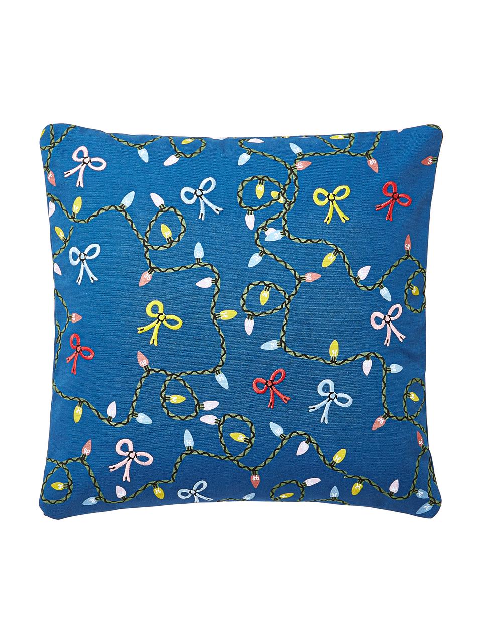 Povlak na polštář s vánočním potiskem a výšivkou Ribbons, 100 % bavlna, Modrá, Š 45 cm, D 45 cm