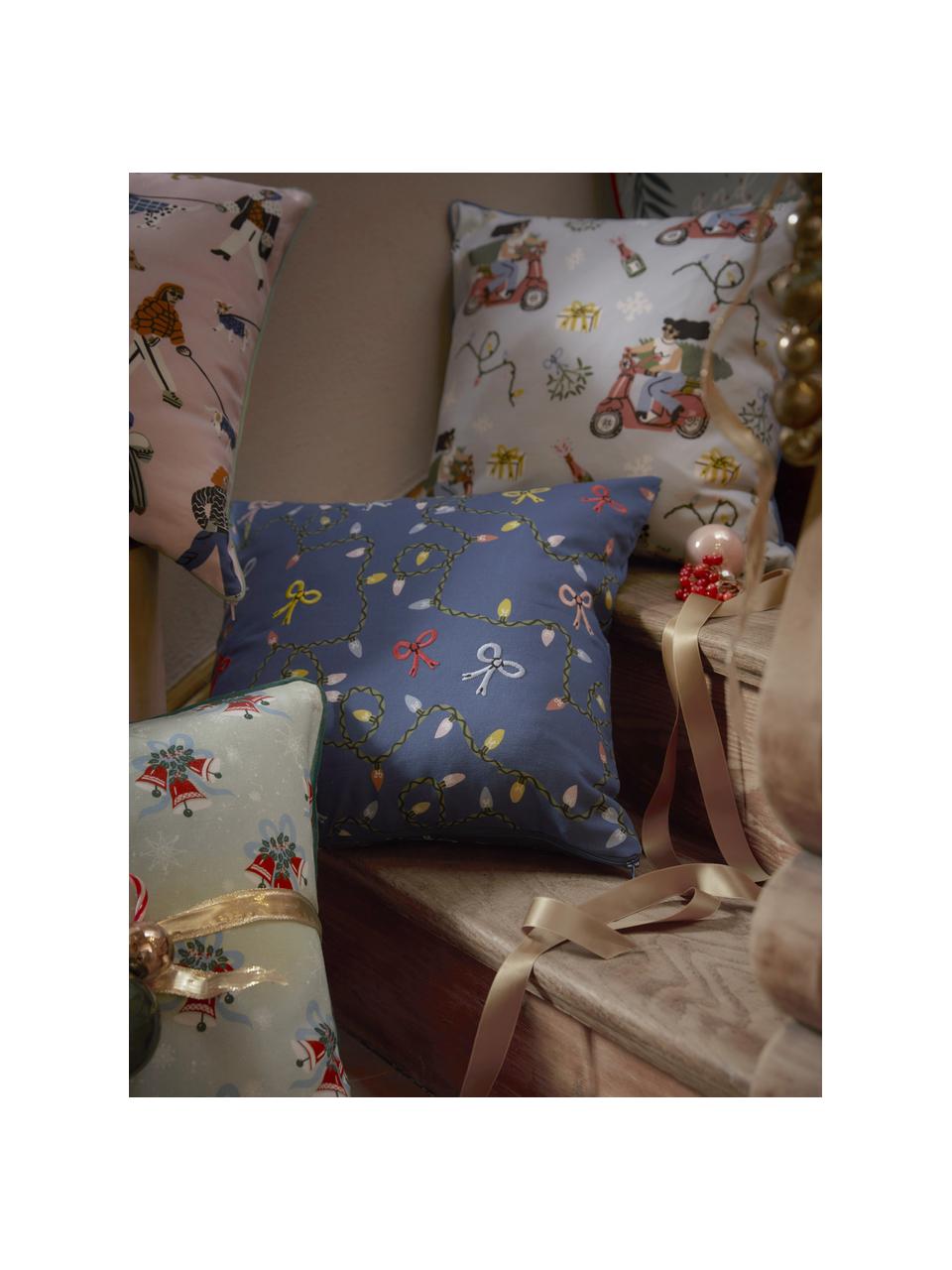 Povlak na polštář s vánočním potiskem a výšivkou Ribbons, 100 % bavlna, Modrá, Š 45 cm, D 45 cm