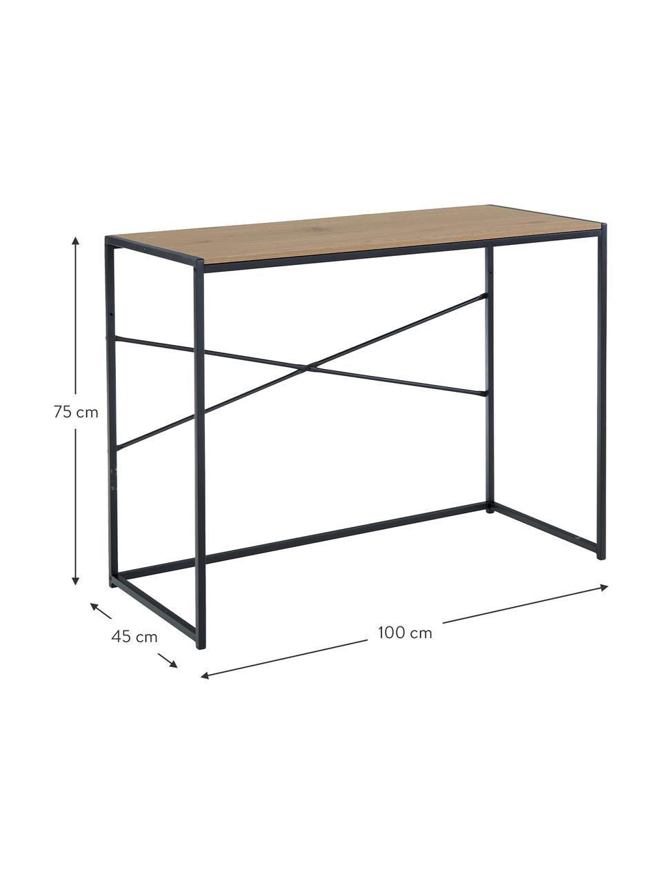 Smal bureau Seaford van hout en metaal, Tafelblad: gelamineerd MDF, Frame: gepoedercoat metaal, Eikenhout, zwart, B 100 x D 45 cm
