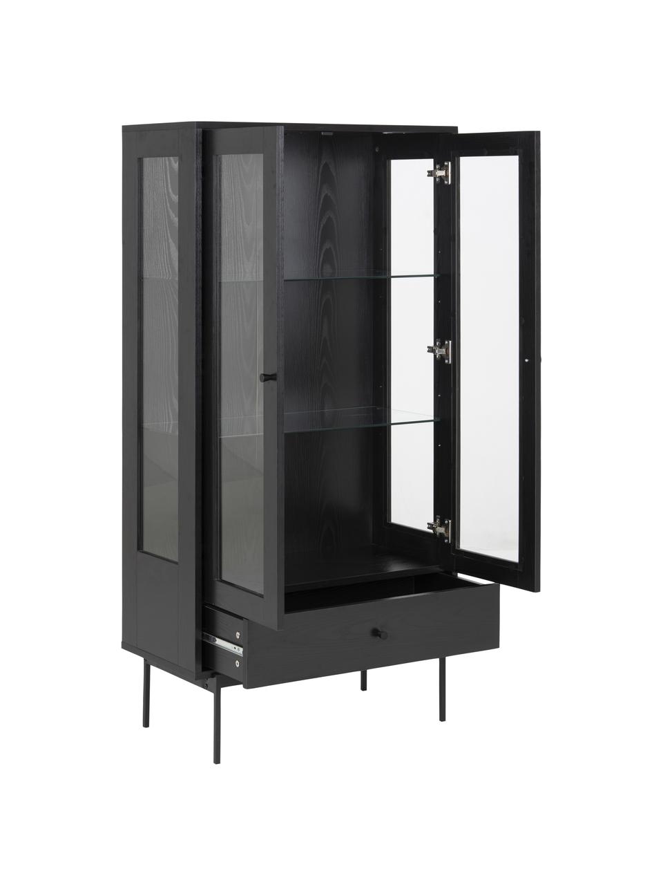 Vitrina Angus, Estructura: tablero de fibras de dens, Estantes: vidrio, Patas: metal recubierto, Negro, transparente, An 75 x Al 152 cm