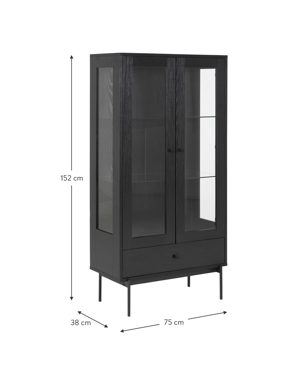 Glasvitrine Angus in Schwarz, Korpus: Mitteldichte Holzfaserpla, Einlegeböden: Glas, Schwarz, Transparent, 75 x 152 cm