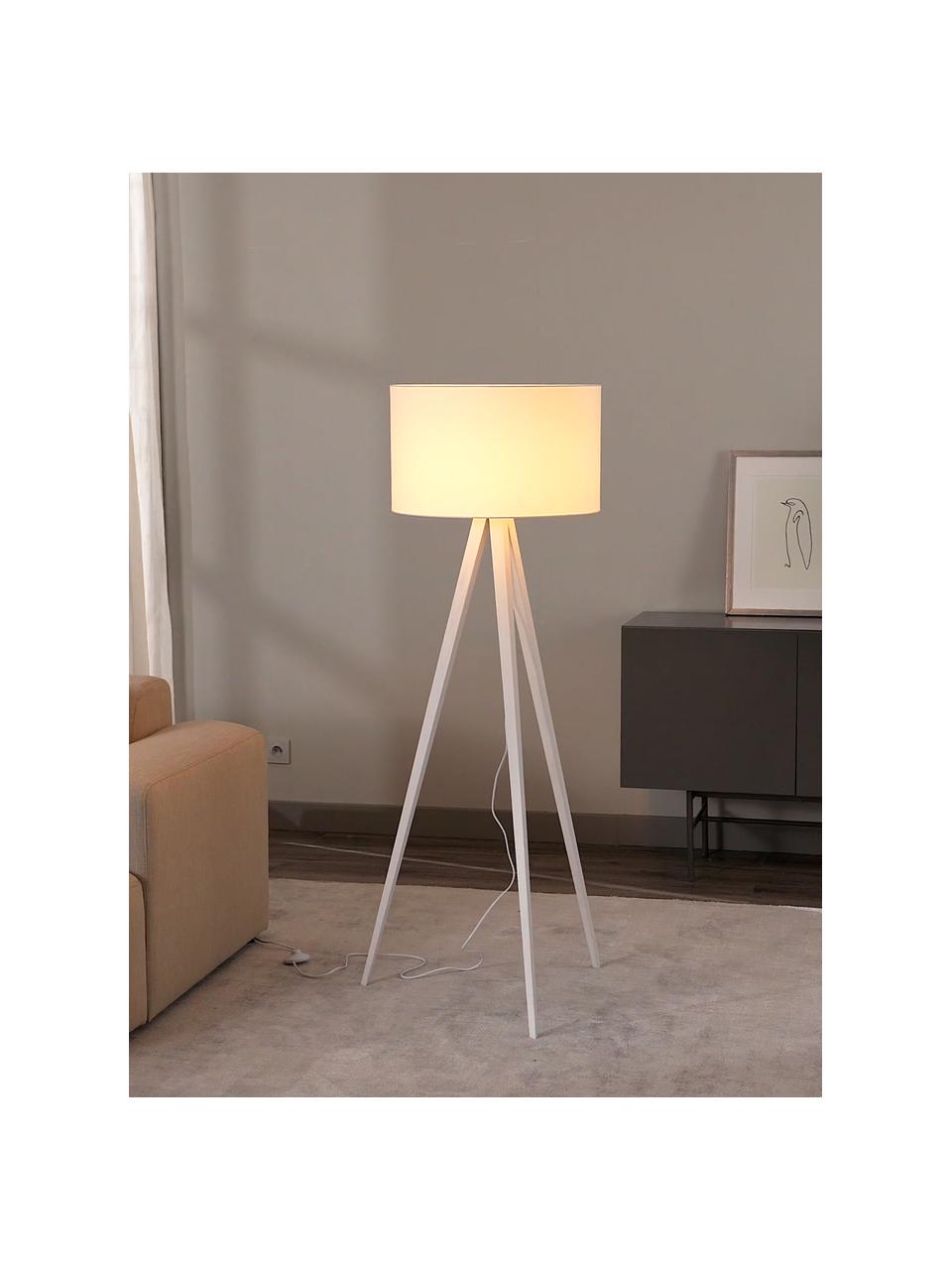 Tripod Stehlampe Jake aus Massivholz, Lampenschirm: Leinen, Weiss, H 150 cm