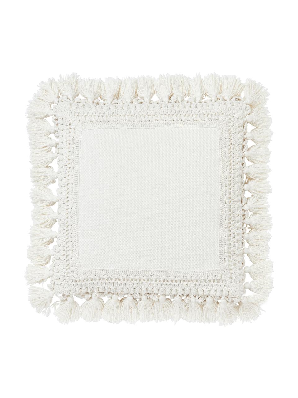 Baumwoll-Kissenhülle Adrian mit Quasten, Cremeweiß, B 45 x L 45 cm