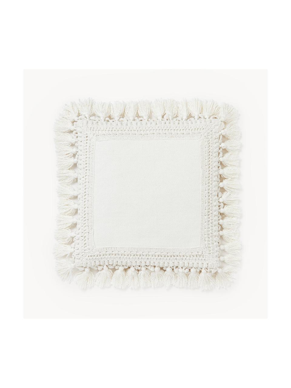 Funda de cojín de algodón con borlas Adrian, Off White, An 45 x L 45 cm