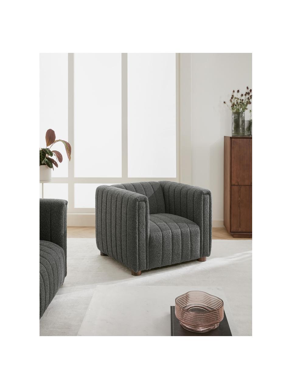 Bouclé fauteuil Antonio in antraciet met houten poten, Bekleding: bouclé (100 % polyester), Frame: massief hout, multiplex, Poten: eikenhout, Bouclé antraciet, B 88 x H 71 cm