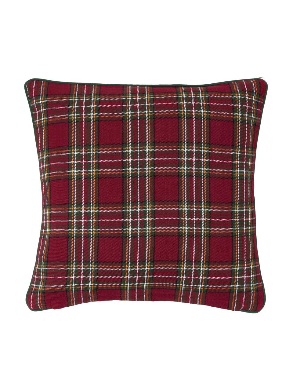 Housse de coussin 45x45 carreaux rouge vert Stirling, Rouge foncé, vert foncé, blanc crème Bordure passepoil: vert