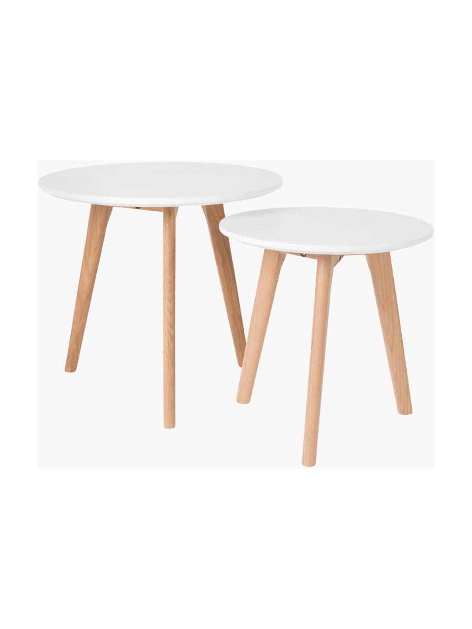 Tables d'appoint rondes scandi Bodine, 2 élém., Blanc, bois de chêne, Lot de différentes tailles