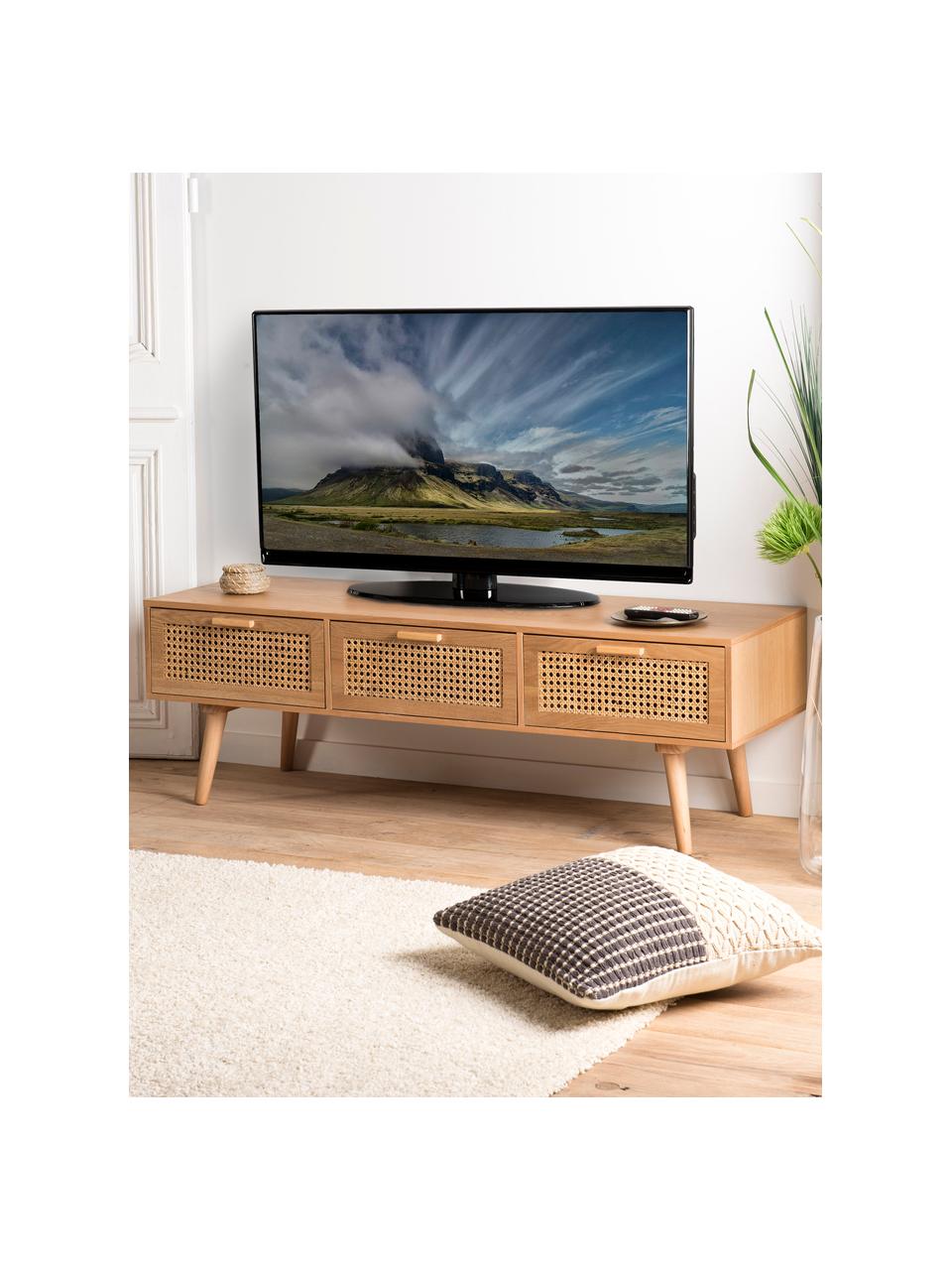 Tv-meubel Romeo van hout met Weens vlechtwerk, MDF, essenhoutfineer, Essenhoutkleurig, 120 x 40 cm