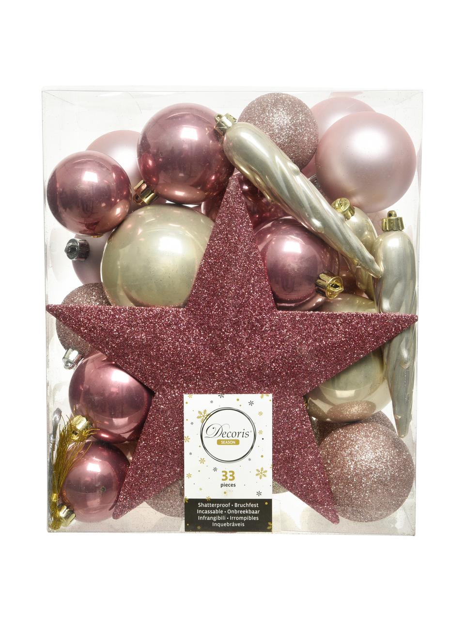 Breukvaste kerstboomhangersset Ros, 33-delig, Roze, goudkleurig, Set met verschillende formaten