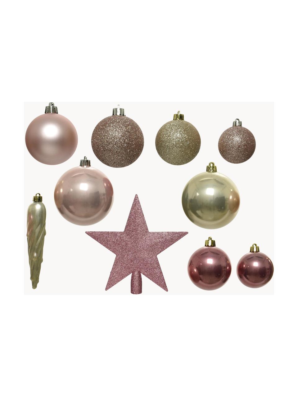 Set de adornos navideños irrompibles Rosanna, 33 uds., Figura: plástico, Rosa, dorado, Set de diferentes tamaños