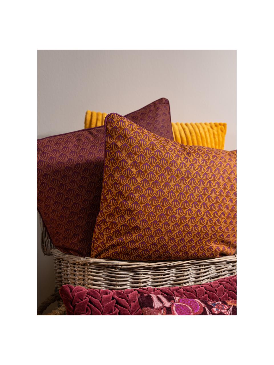 Polštář s art deko vzorem Feather, s výplní, Burgundská, oranžová