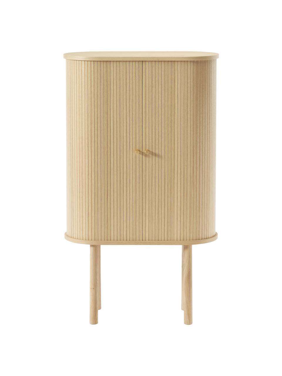 Credenza alta con fronte scanalato Calary, Gambe: legno massiccio di querci, Maniglie: metallo, spazzolato, Legno chiaro, Larg. 75 x Alt. 130 cm