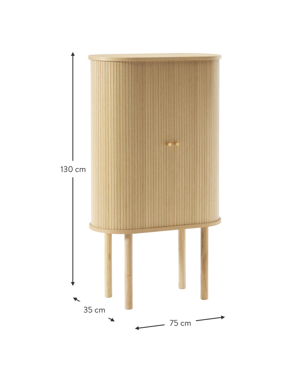 Credenza alta con fronte scanalato Calary, Gambe: legno massiccio di querci, Maniglie: metallo, spazzolato, Legno chiaro, Larg. 75 x Alt. 130 cm