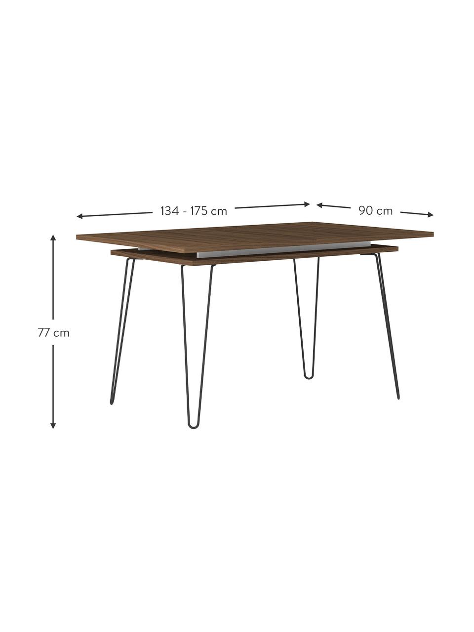 Ausziehbarer Esstisch Aero, 134 - 175 x 90 cm, Beine: Metall, lackiert, Walnussholzfurnier, B 134 bis 175 x T 90 cm