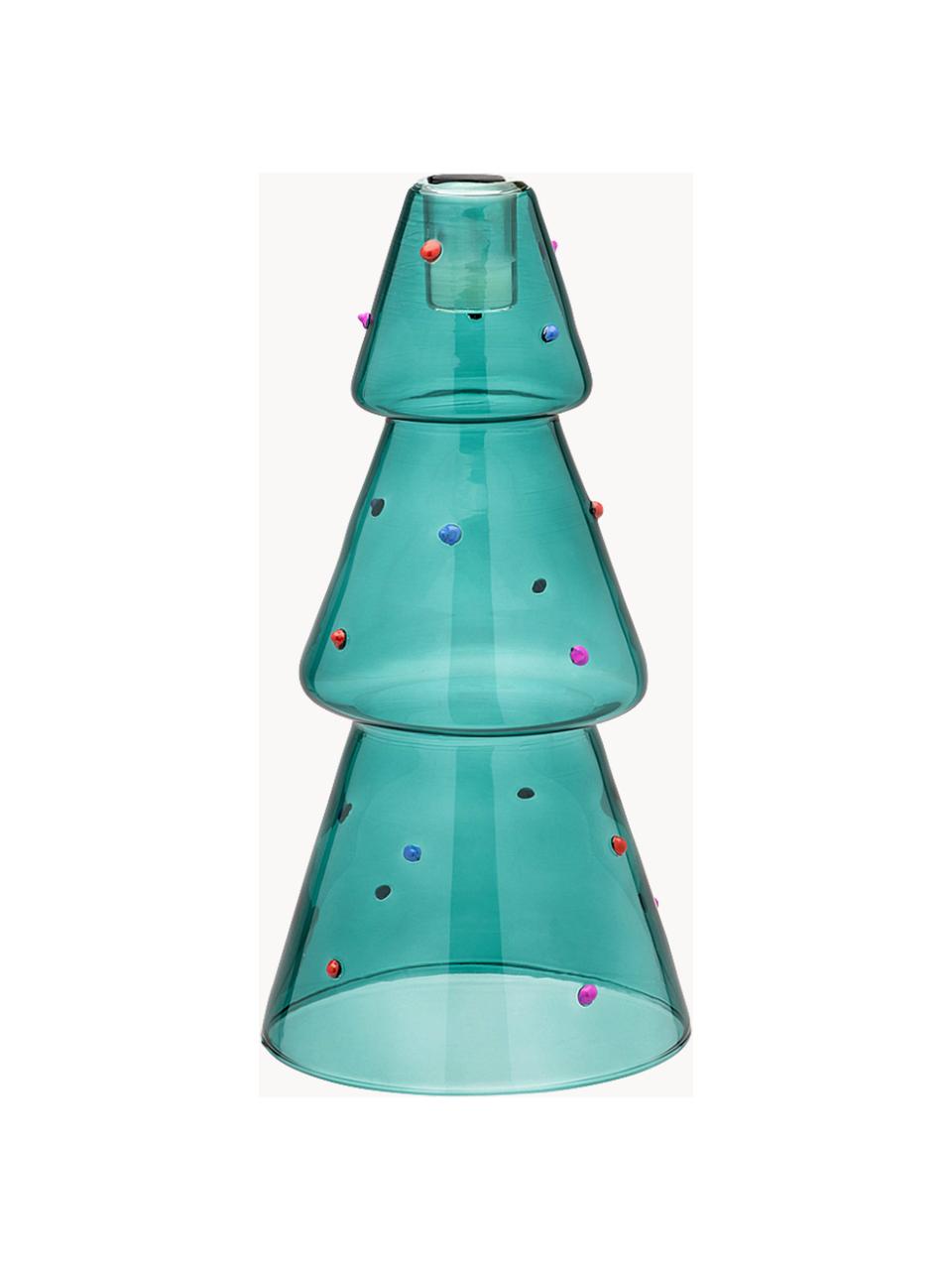 Mundgeblasener Kerzenhalter Christmas Tree aus Borosilikatglas, Borosilikatglas, mundgeblasen, Türkisgrün, Bunt, Ø 13 x H 24 cm