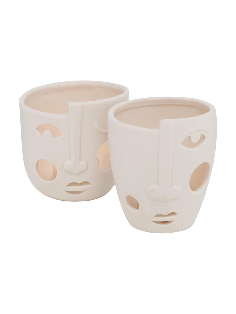 Set de portavelas de diseño Faces, 2 pzas., Porcelana, Blanco crema, Cada uno Ø 9 x 9 cm