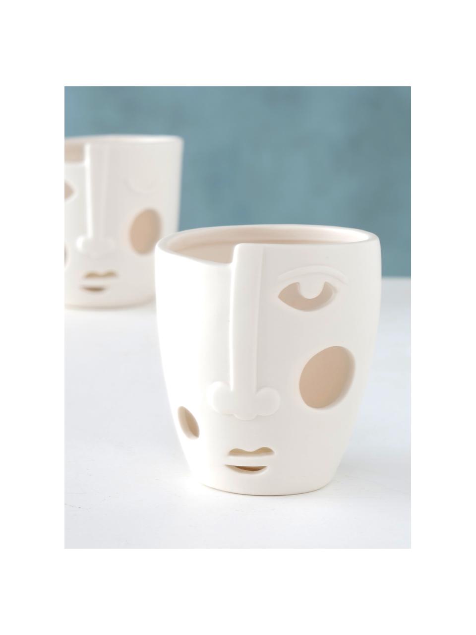 Set de portavelas de diseño Faces, 2 pzas., Porcelana, Blanco crema, Cada uno Ø 9 x 9 cm